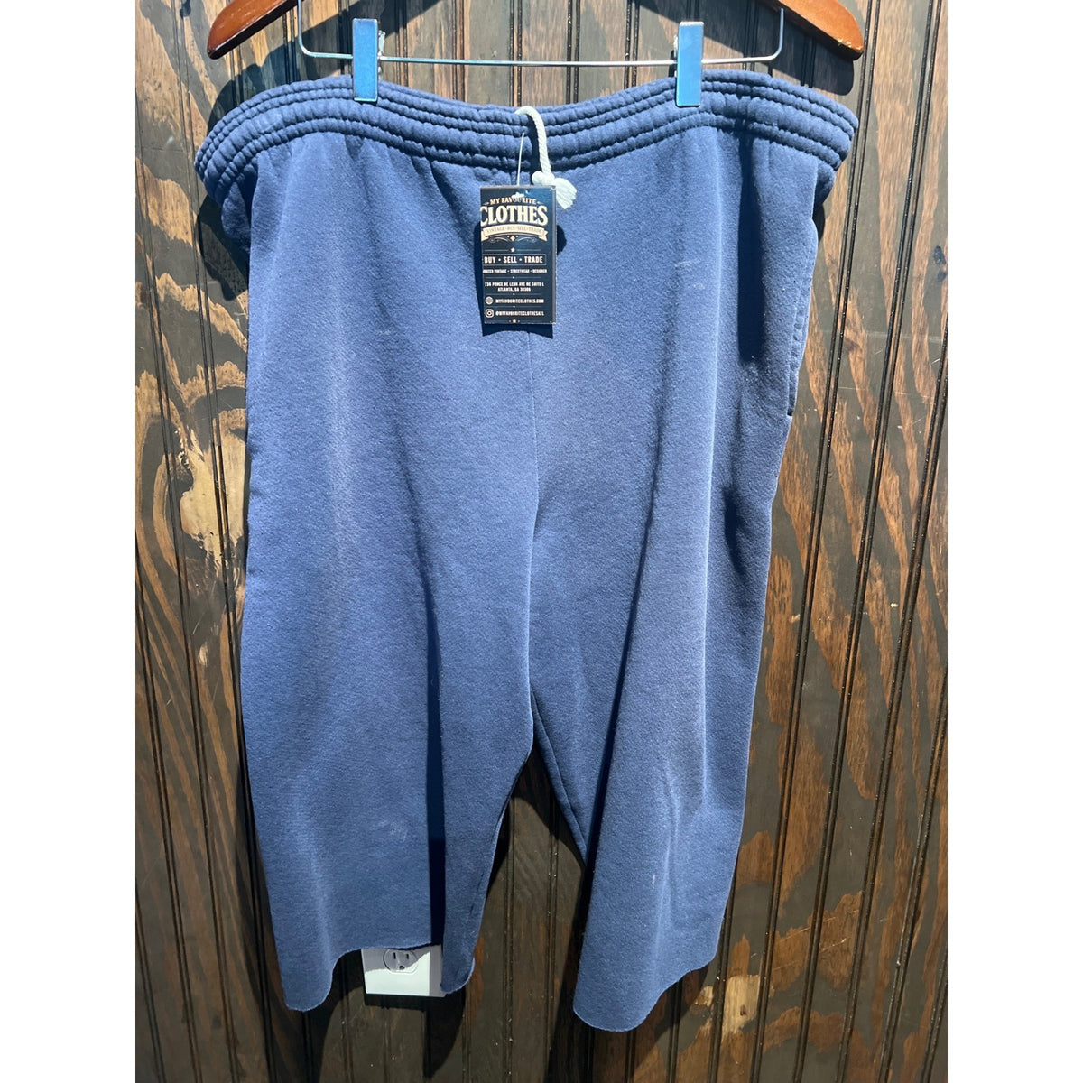 Vintage Style Blue Fleece Sweat Shorts Raw Hem Drawstring Waist Mens XL 20x16