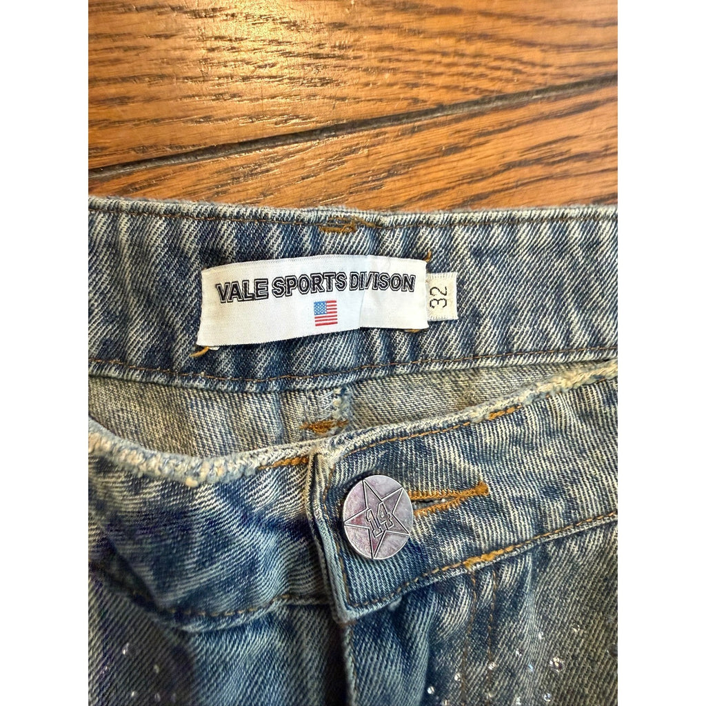 Vale Sports Division Rhinestone Baggy Jeans Dirty Wash Blue Wide Leg 32x31