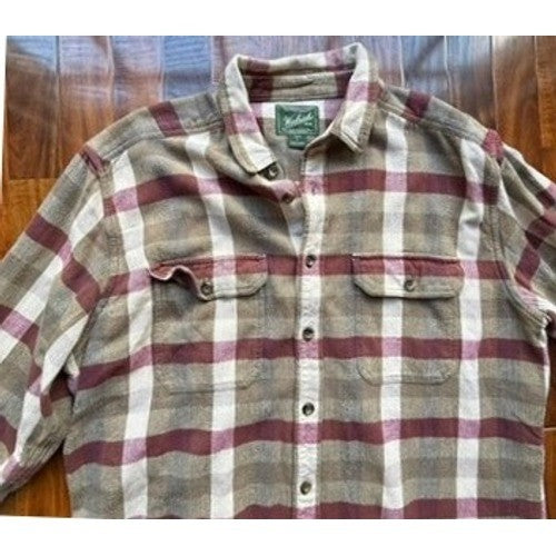Woolrich Mens Plaid Flannel Button Down Shirt Tan Burgundy Long Sleeve XL