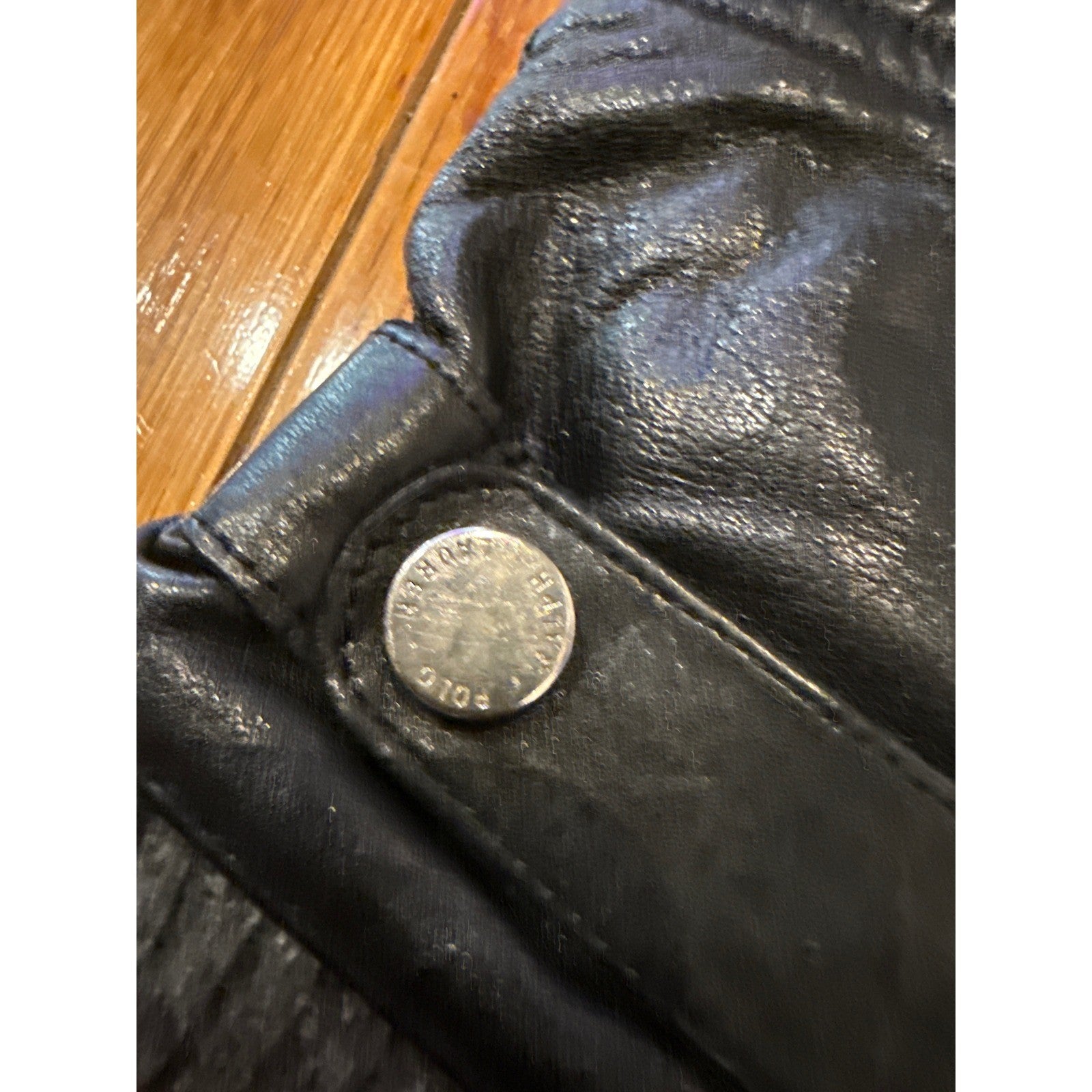 Polo Ralph Lauren Mens Black Leather Driving Gloves Grey Knit Cuff Snap Strap