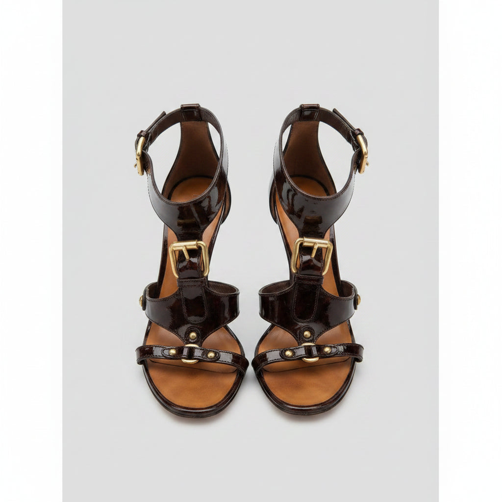 Giuseppe Zanotti Brown Tortoise Patent Leather Buckle Strappy Stiletto Heels