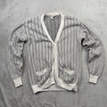 MF Staff Mens Large Cotton Cardigan Sweater Black White Stripe V Neck Pockets
