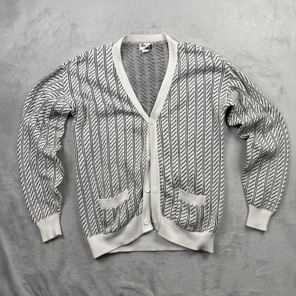 MF Staff Mens Large Cotton Cardigan Sweater Black White Stripe V Neck Pockets