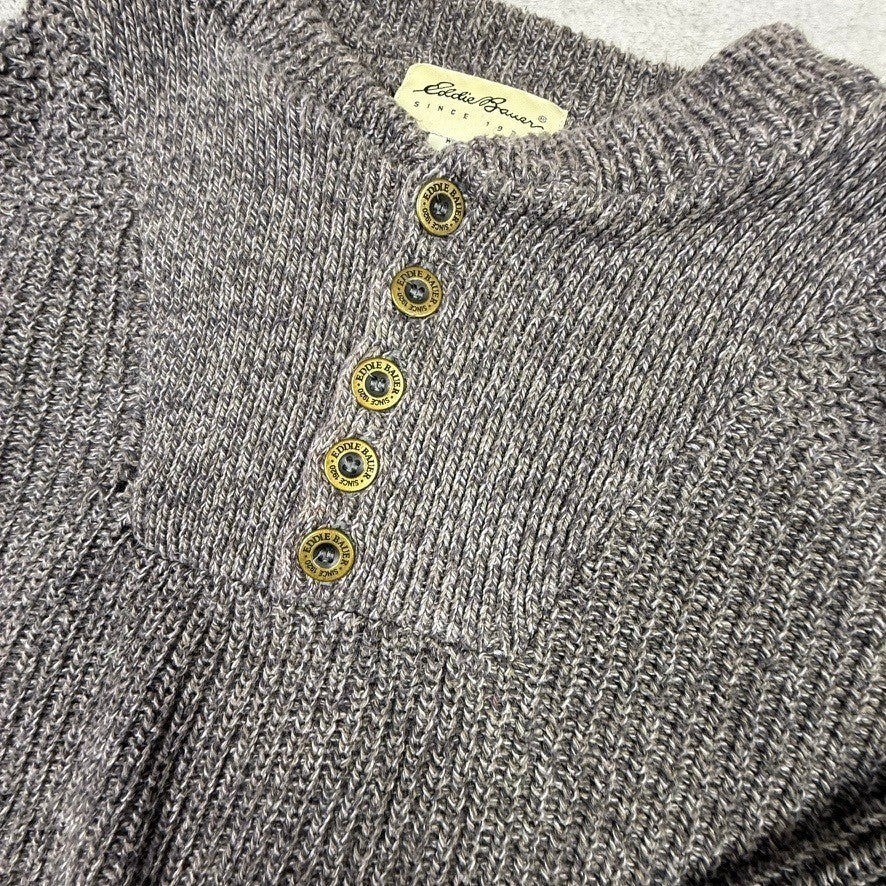 Eddie Bauer Mens Gray Ribbed Knit Henley Sweater L 100% Cotton USA Made