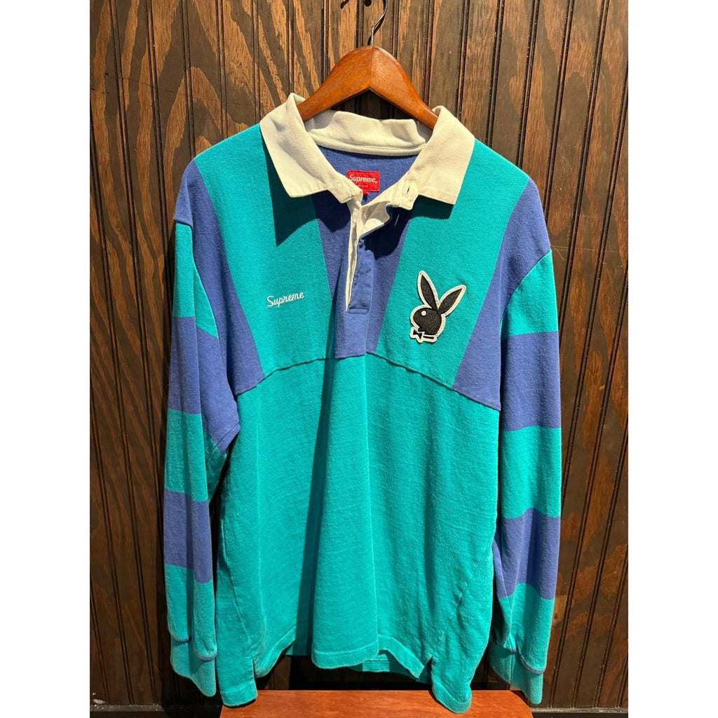 Supreme Playboy Rugby Shirt Mens XL Teal Purple Striped Long Sleeve Polo Cotton