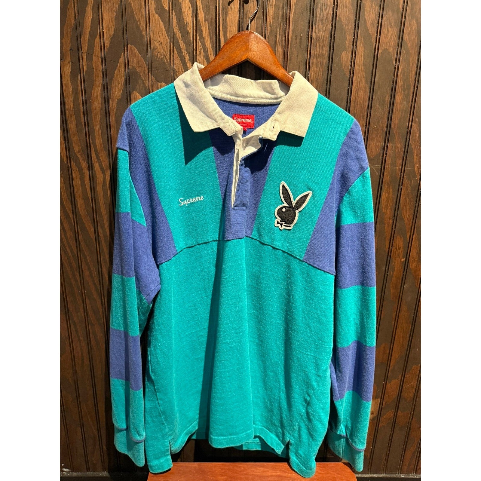 Supreme Playboy Rugby Shirt Mens XL Teal Purple Striped Long Sleeve Polo Cotton