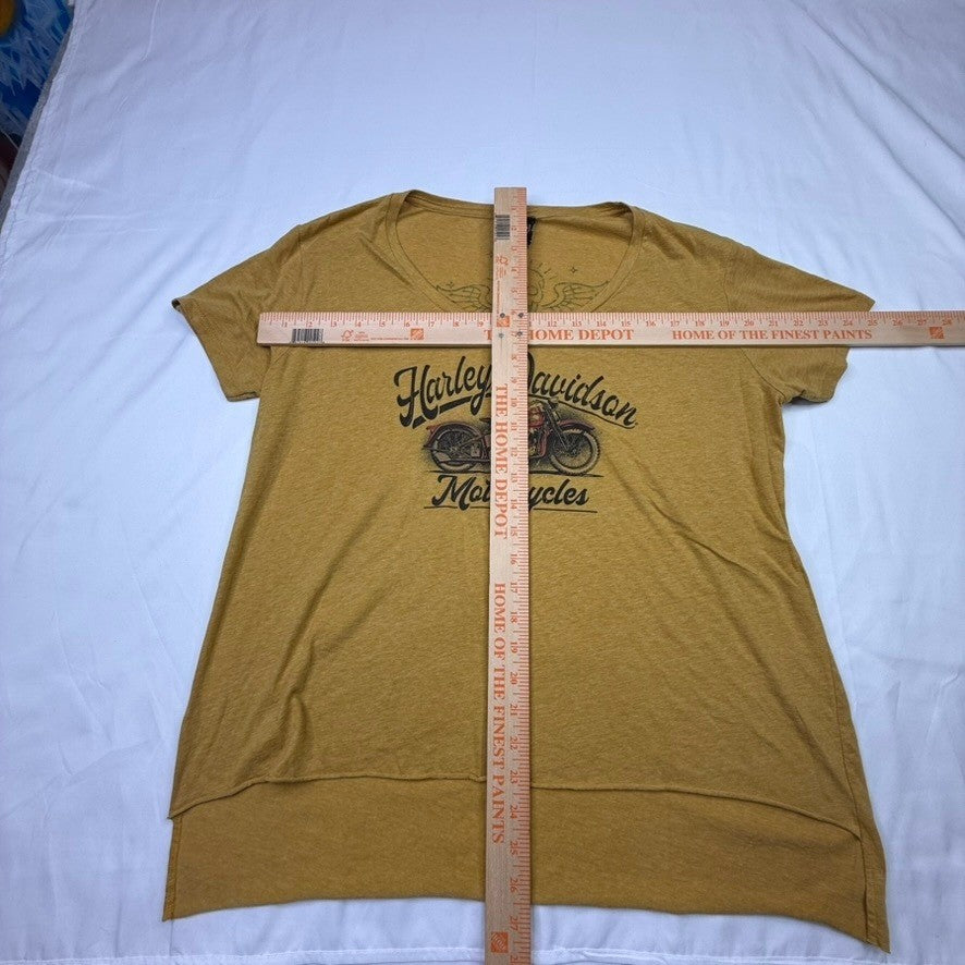 Harley Davidson Motorcycles Graphic T Shirt Womans XL Mustard Yellow Skull Wings