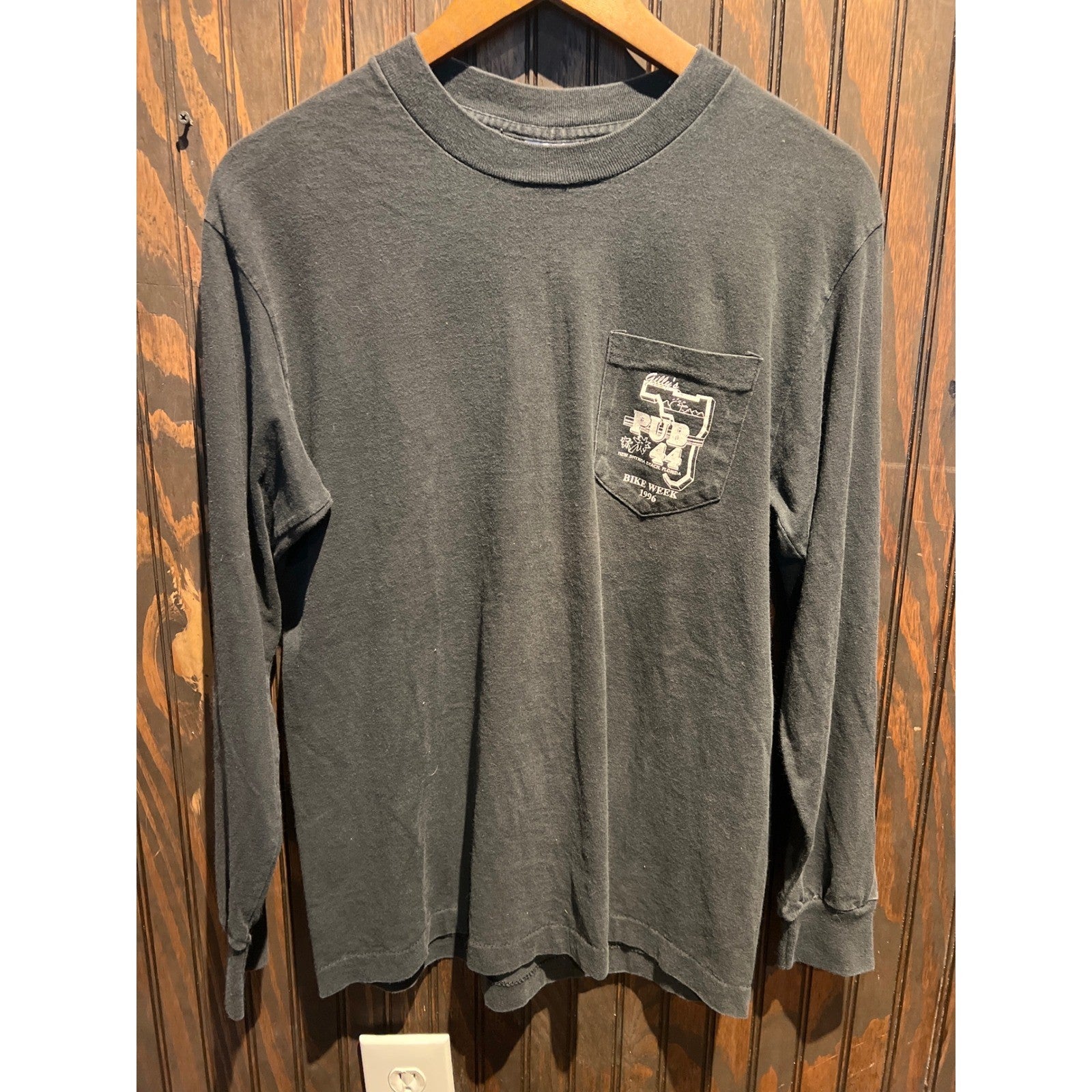 Vintage 1996 Bike Week Allies Pub 44 Long Sleeve Pocket Tee Faded Black 20x27
