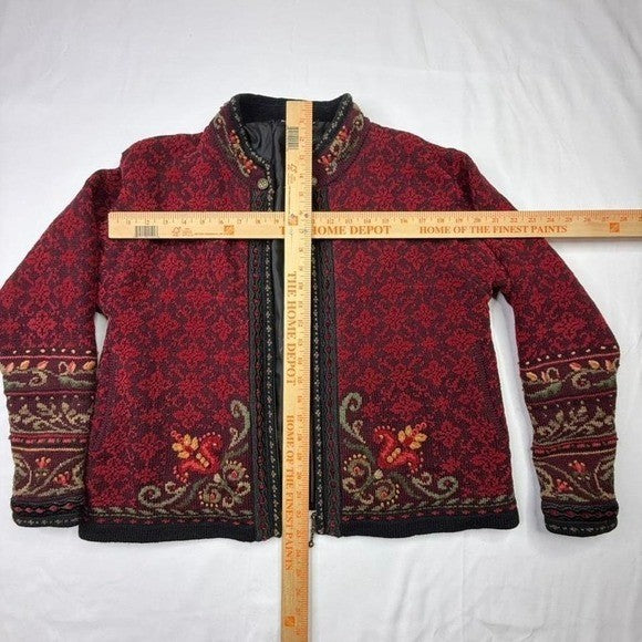 Icelandic Design Women's Red Floral Knit Zipper Jacket Size M