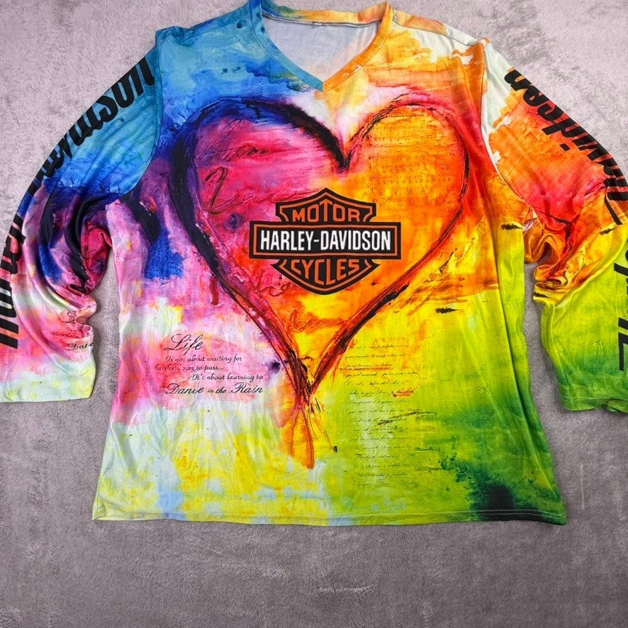 Harley-Davidson Women XL Tie Dye Heart Graphic V-Neck Long Sleeve Shirt Multi