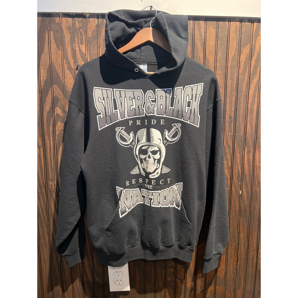 Silver and Black Pride Respect the Nation Raiders Skull Graphic Hoodie Black L