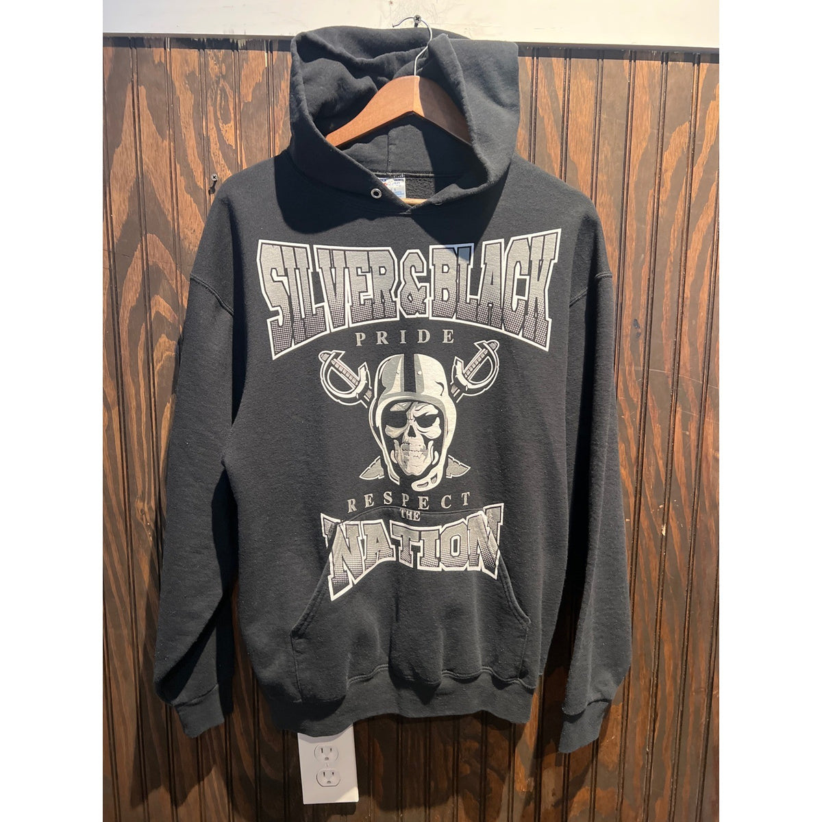 Silver and Black Pride Respect the Nation Raiders Skull Graphic Hoodie Black L