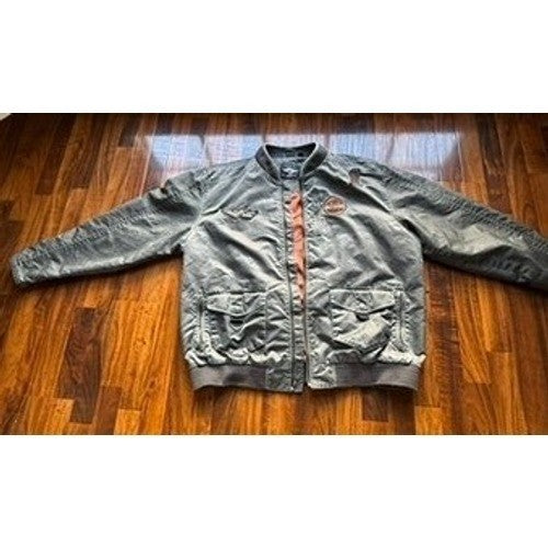 Harley Davidson Mens Bomber Jacket Gray Embroidered Biker Coat Large Logo
