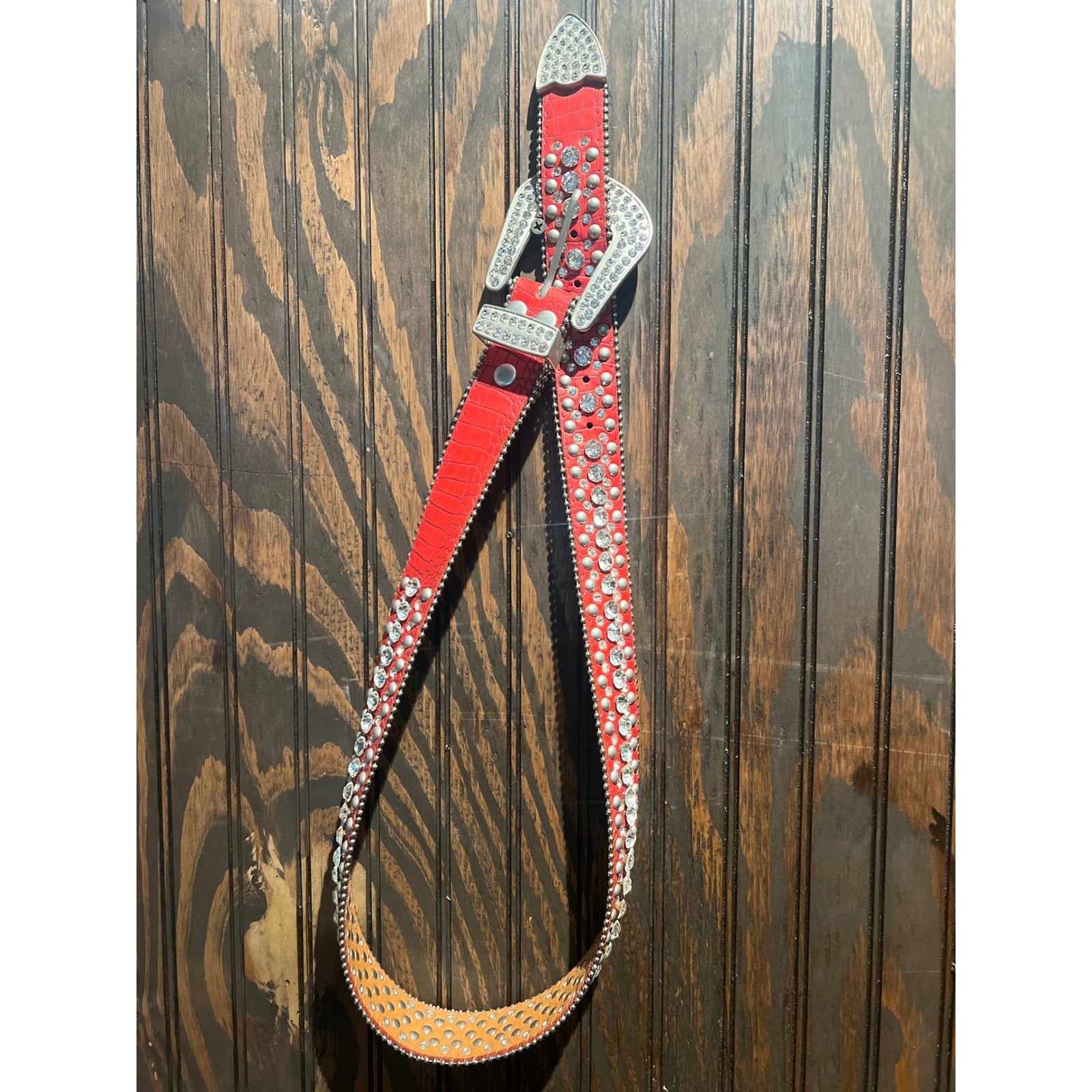 Red Crocodile Embossed Rhinestone Belt Silver Studded Western Bling 42in Strap