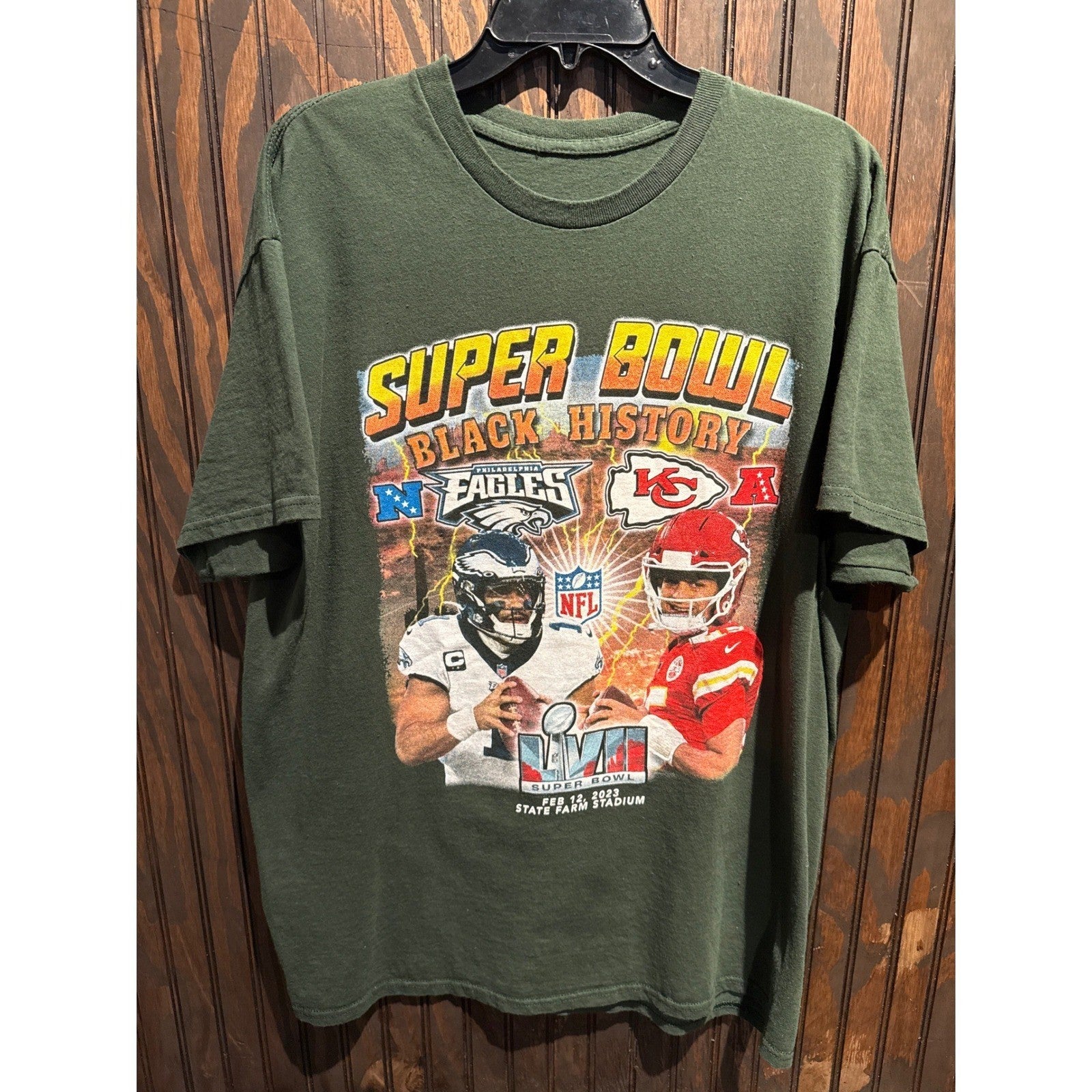 Super Bowl LVII Black History Mahomes Hurts Eagles Chiefs Green T-Shirt XL 2023
