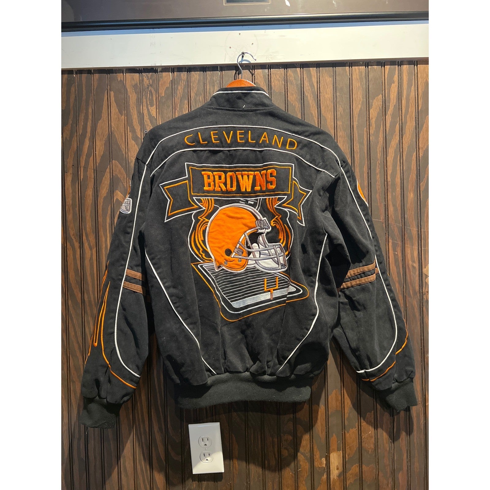 NFL Cleveland Browns Varsity Jacket Black Orange Embroidered Flame Mens XL