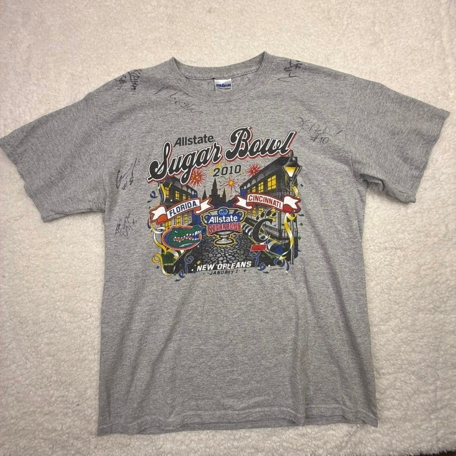 2010 Allstate Sugar Bowl Football T Shirt Gildan Ultra Cotton Gray Medium Signed