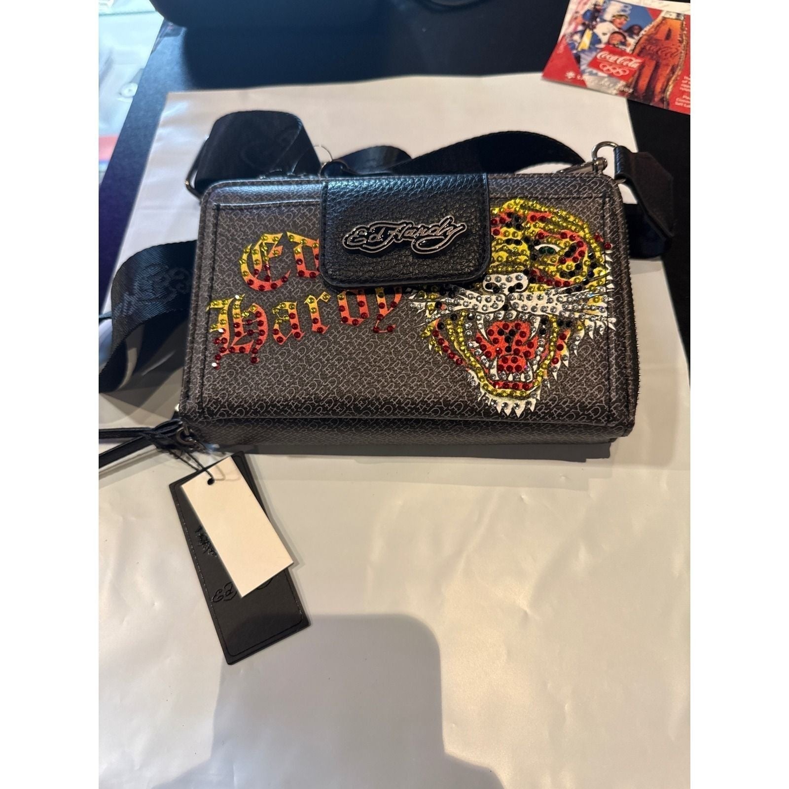 Ed Hardy Rhinestone Tiger Monogram Crossbody Bag Black Y2K Tattoo Art Streetwear