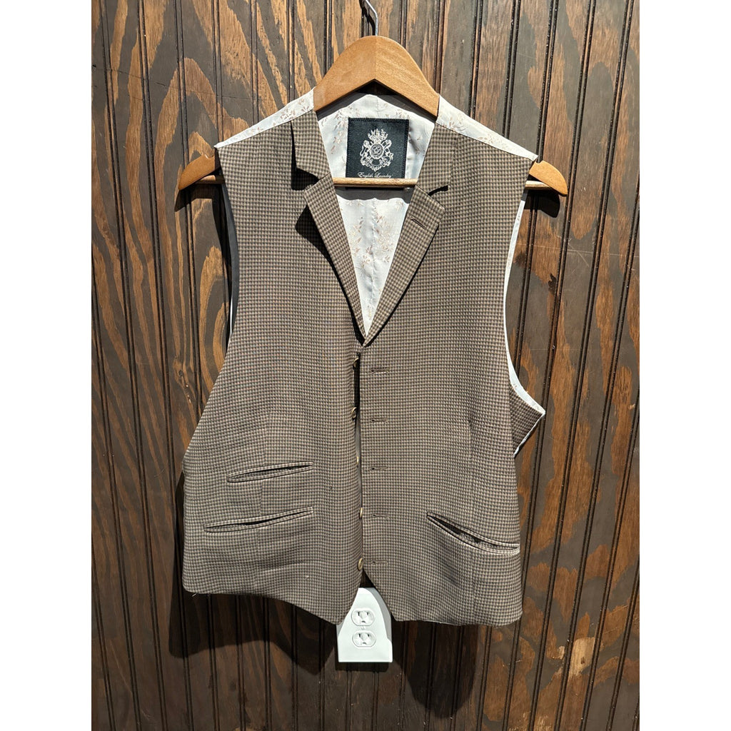 English Laundry Mens Brown Houndstooth Notched Lapel Suit Vest Waistcoat Sz L