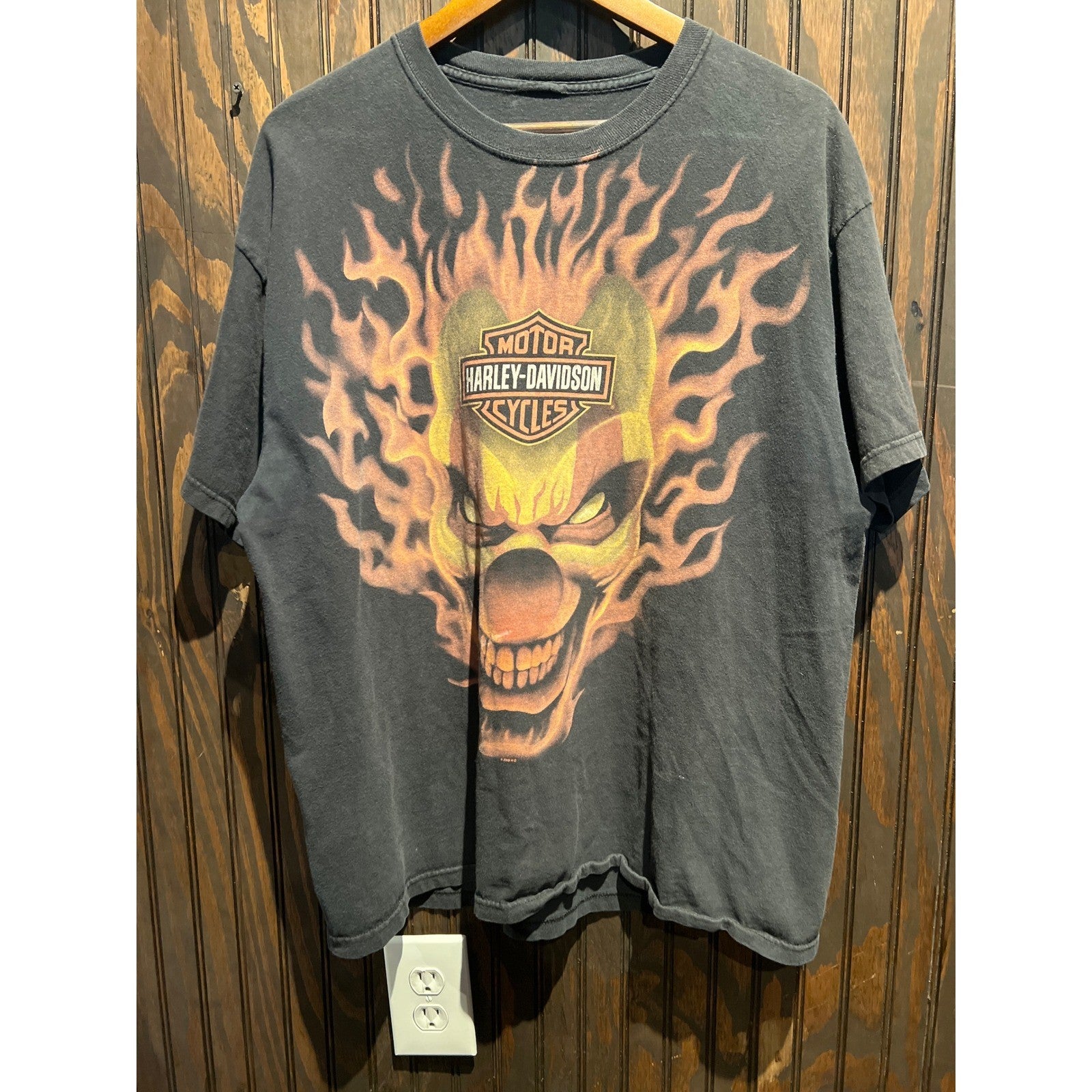 Harley Davidson Flaming Clown Skull Graphic T-Shirt Faded Black XL 24x29