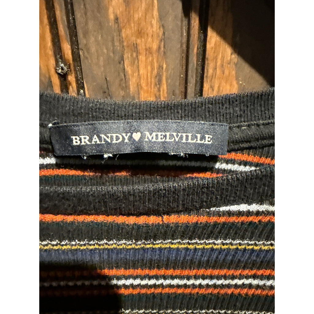 Brandy Melville Striped Long Sleeve Cropped Ribbed Tee Navy Orange White Small