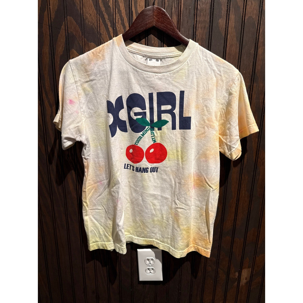 X-Girl Tie Dye Cherry Graphic Tee White Yellow Orange Streetwear T-Shirt