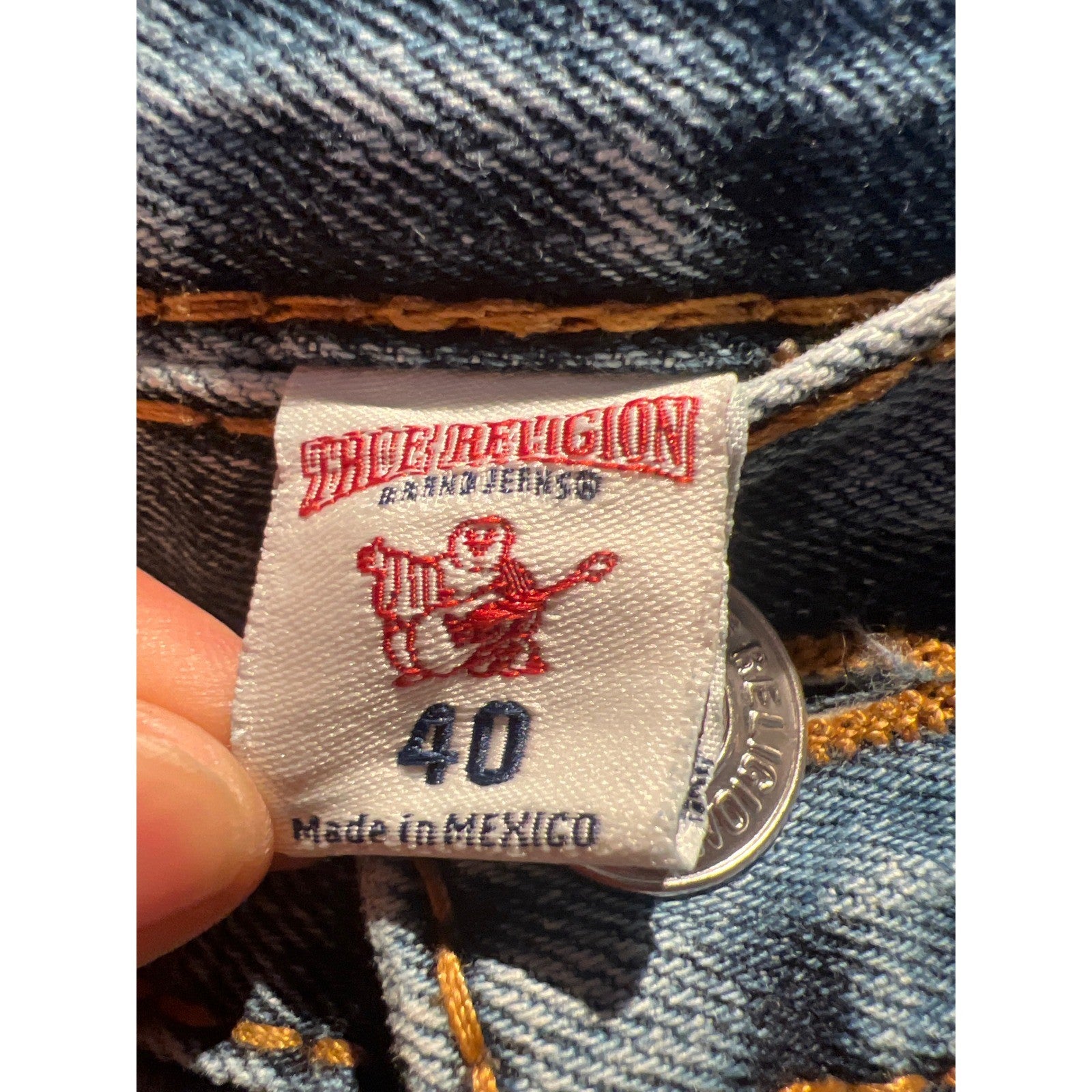 True Religion Ricky Straight Leg Jeans Blue Acid Wash Contrast Stitch Mens 42x34