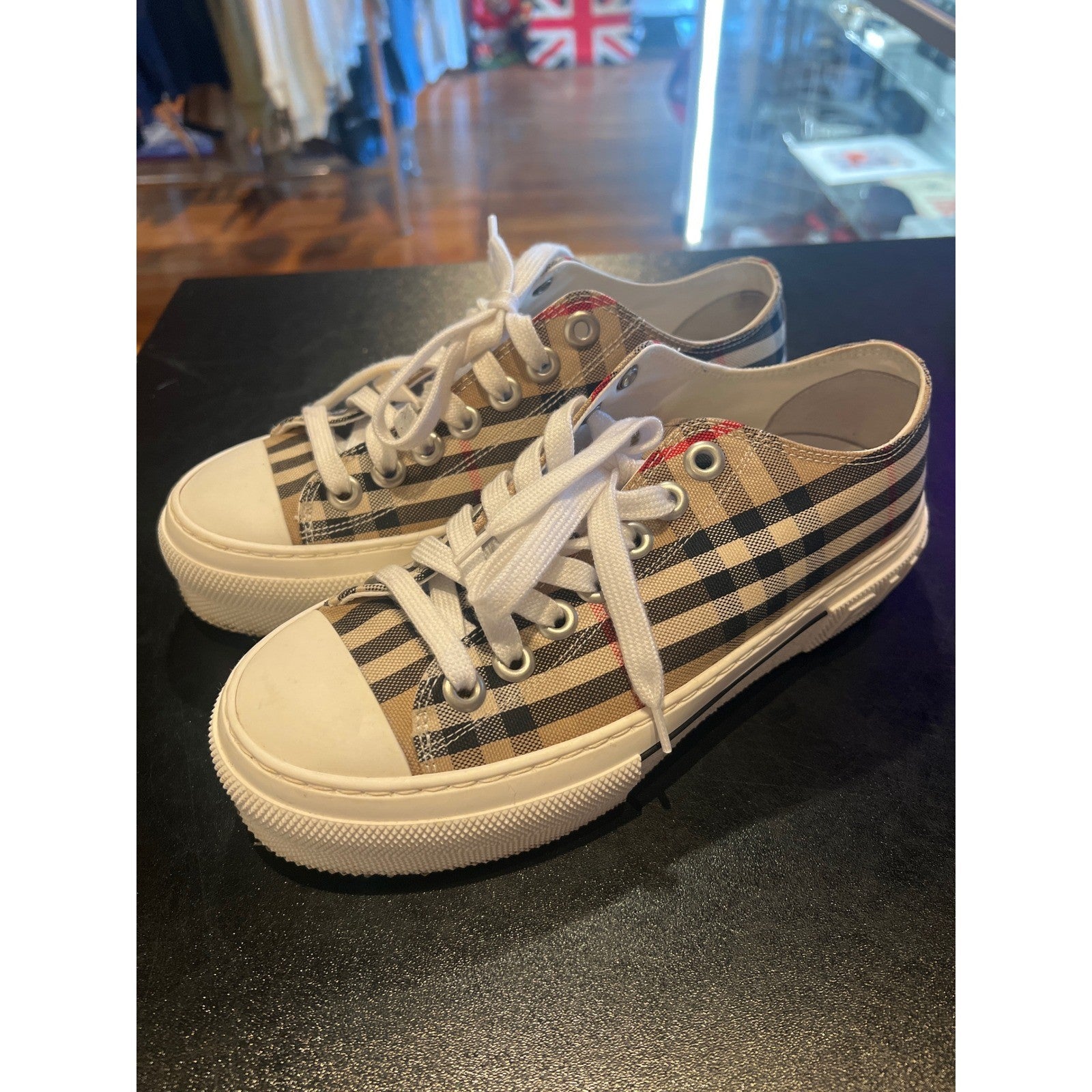 Burberry Vintage Check Canvas Platform Sneakers Beige Plaid Low Top Shoes 36.5