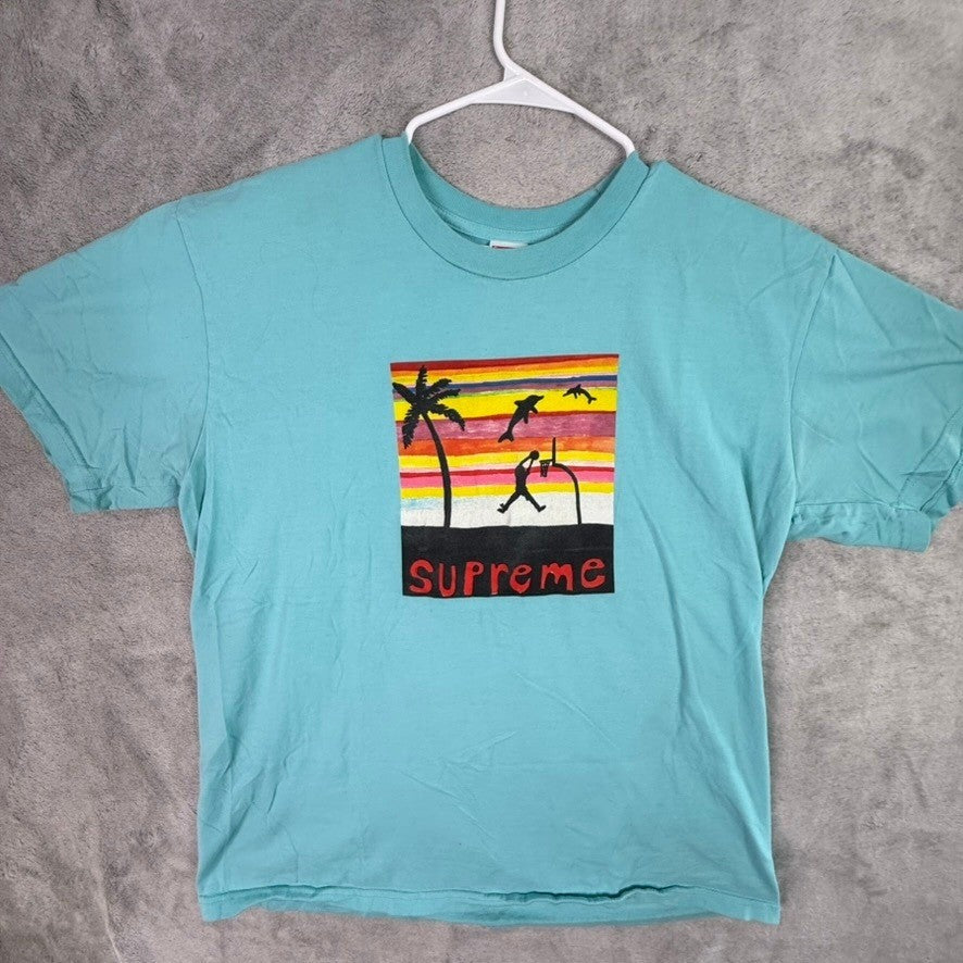 Supreme Men's Turquoise Graphic T Shirt Beach Scene Basketball XL Pre Shrunk