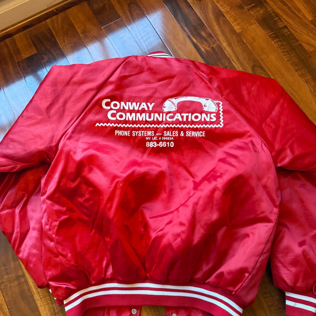 Vintage Red Satin Bomber Jacket Mens Medium Conway Communications Made in USA