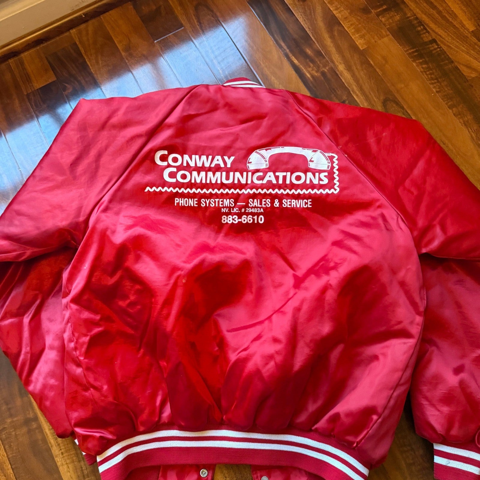 Vintage Red Satin Bomber Jacket Mens Medium Conway Communications Made in USA