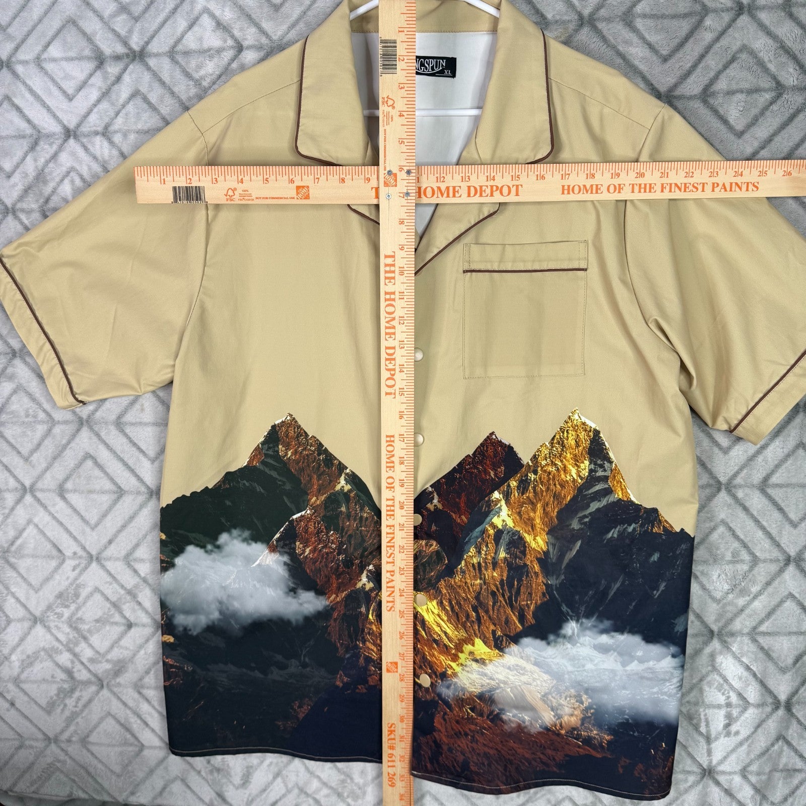 KINGSPUN Mens Beige Mountain Print Short Sleeve Button Up Shirt Top XL