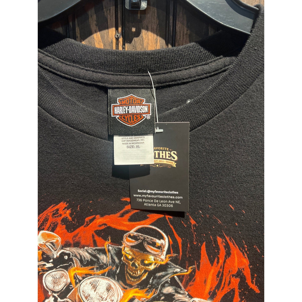 Harley-Davidson Skeleton Biker Flame Graphic T-Shirt Black Mens Large 29.5x21