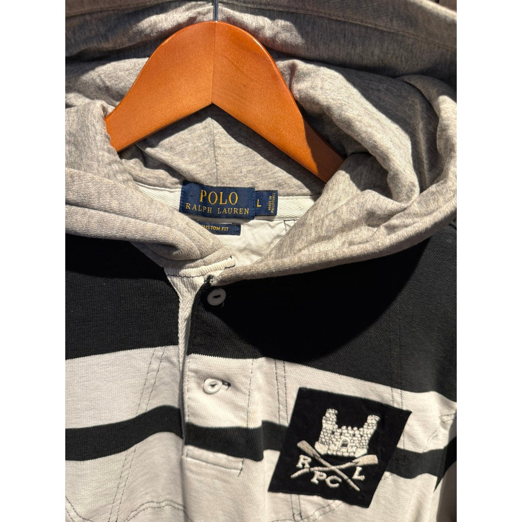 Polo Ralph Lauren Mens Custom Fit Rugby Hoodie Striped RLPC Crest Black White L