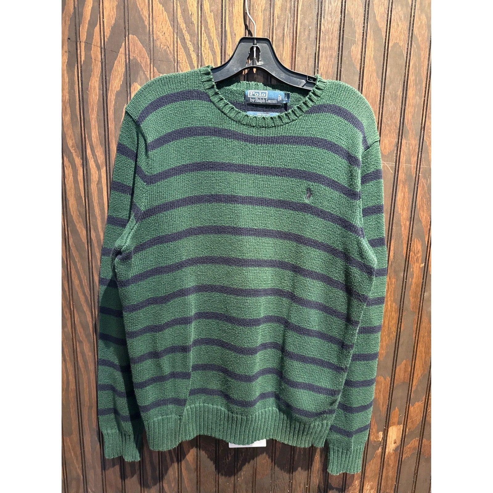 Polo Ralph Lauren Mens Striped Crewneck Sweater Green Navy Blue Cotton Size L