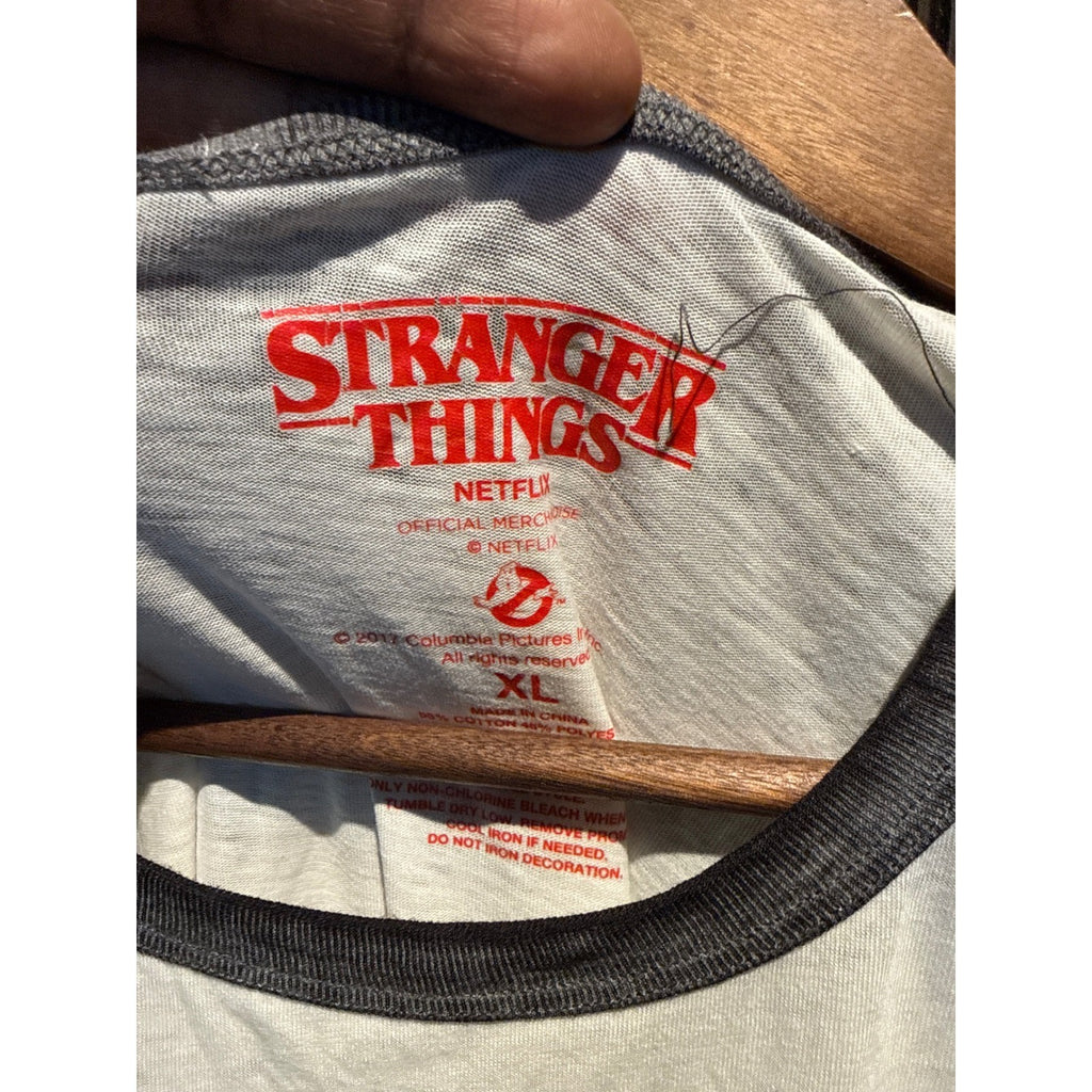 Stranger Things Ghostbusters Ringer Tee White Grey Graphic T-Shirt Retro 80s L