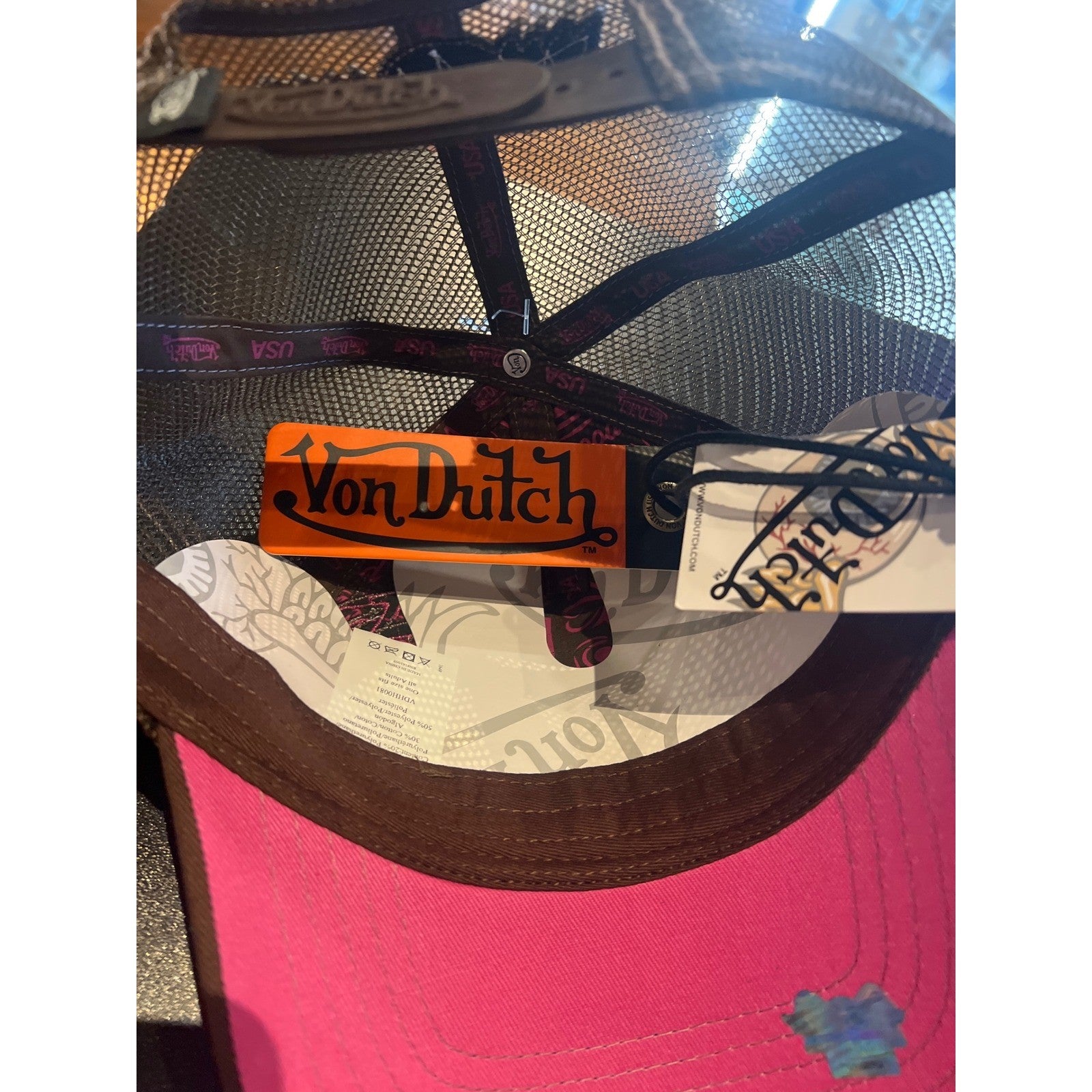 Von Dutch Brown Pink Faux Leather Mesh Trucker Hat Y2K Snapback Cap NEW