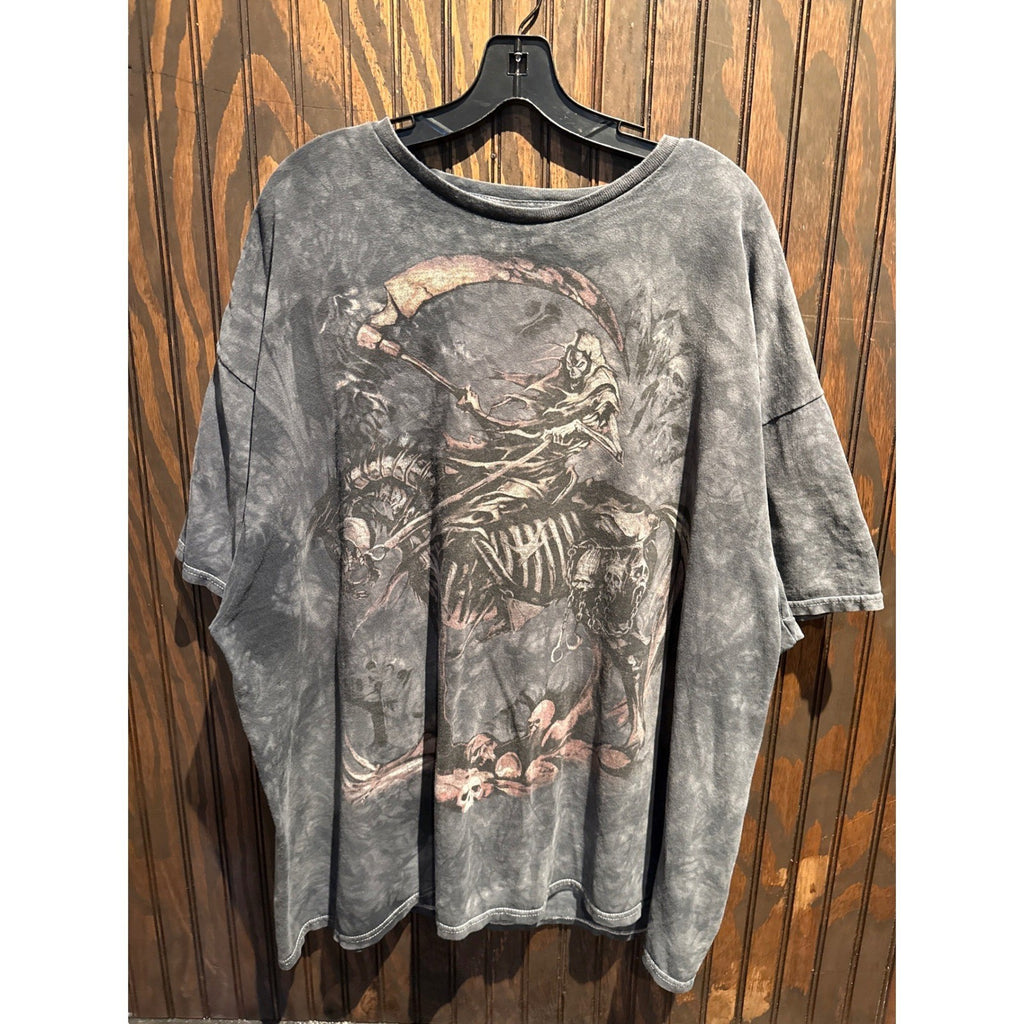 Grim Reaper Skeleton Horse Graphic T-Shirt Grey Mineral Wash Oversized XL 28x31