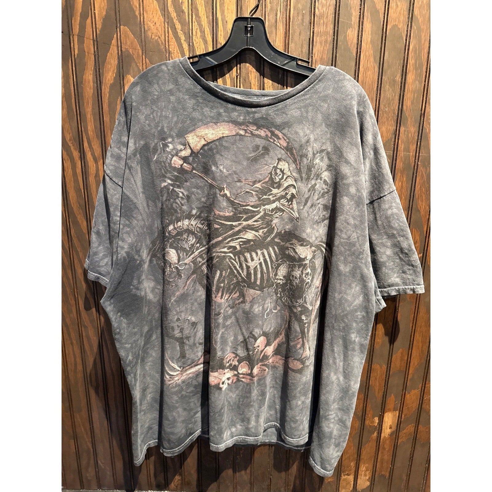 Grim Reaper Skeleton Horse Graphic T-Shirt Grey Mineral Wash Oversized XL 28x31