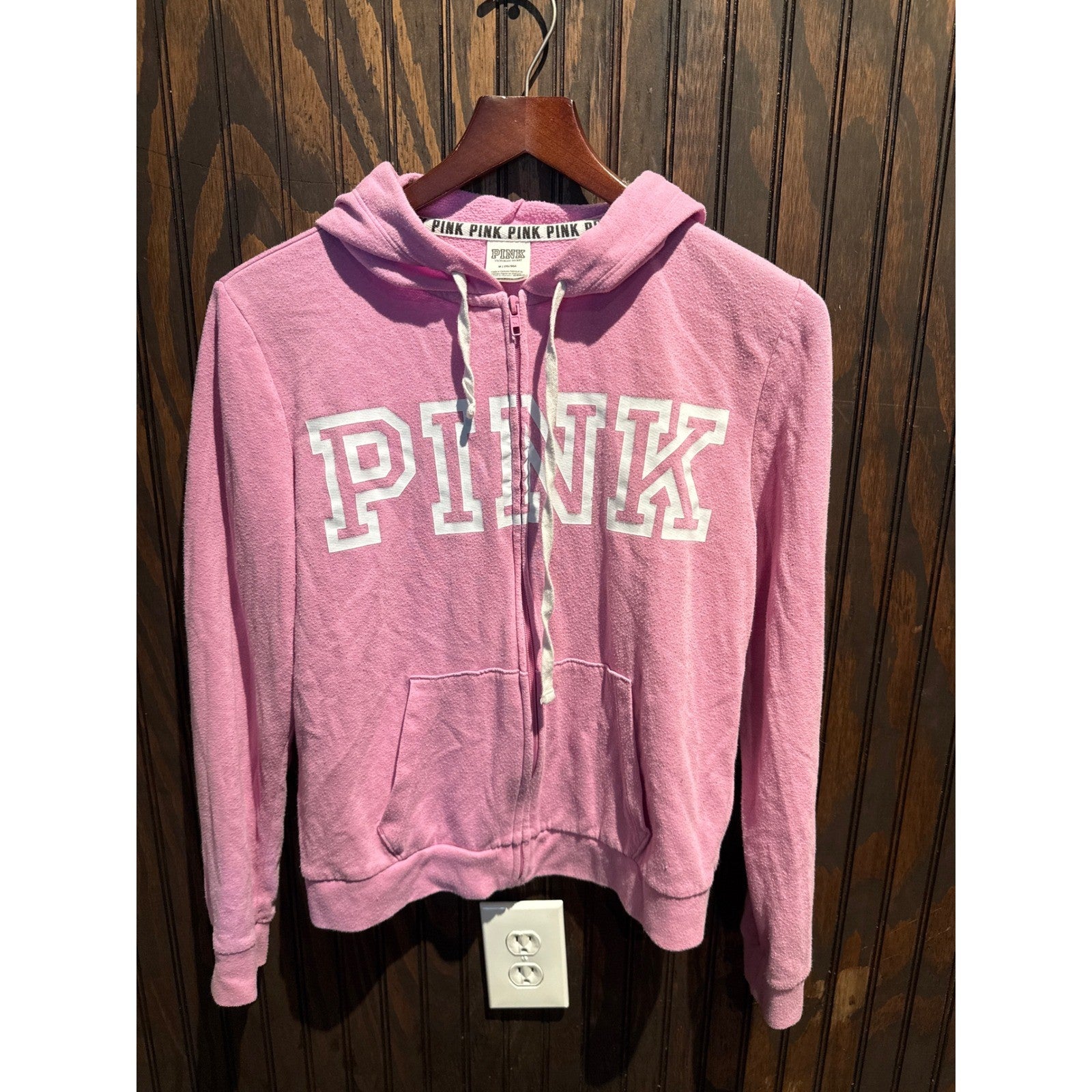 Victoria's Secret PINK Full Zip Hoodie Pink Logo Graphic Sweatshirt Womens L