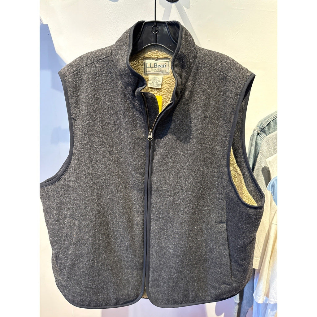LL Bean Mens XL Tall Gray Wool Blend Sherpa Fleece Lined Full Zip Vest Outdoor