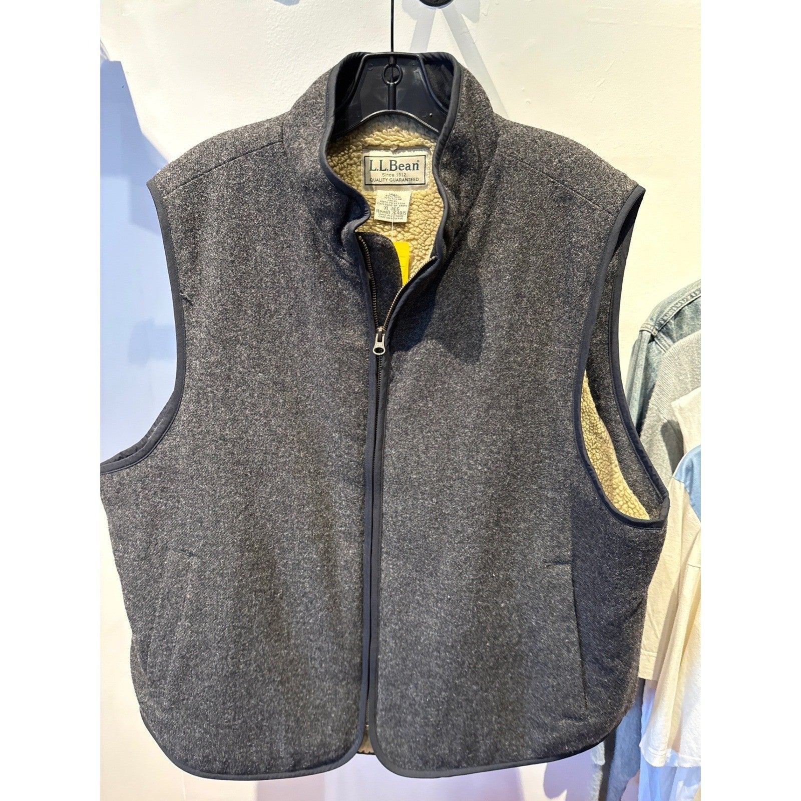 LL Bean Mens XL Tall Gray Wool Blend Sherpa Fleece Lined Full Zip Vest Outdoor