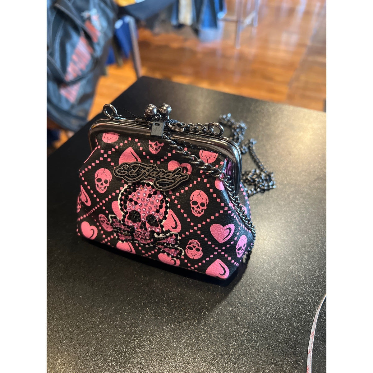 Ed Hardy Pink Black Skull Heart Rhinestone Kiss Lock Mini Crossbody Chain Bag