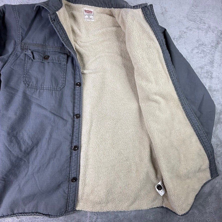 Levis Mens Gray Sherpa Lined Canvas Shirt Jacket Regular Fit Medium Workwear