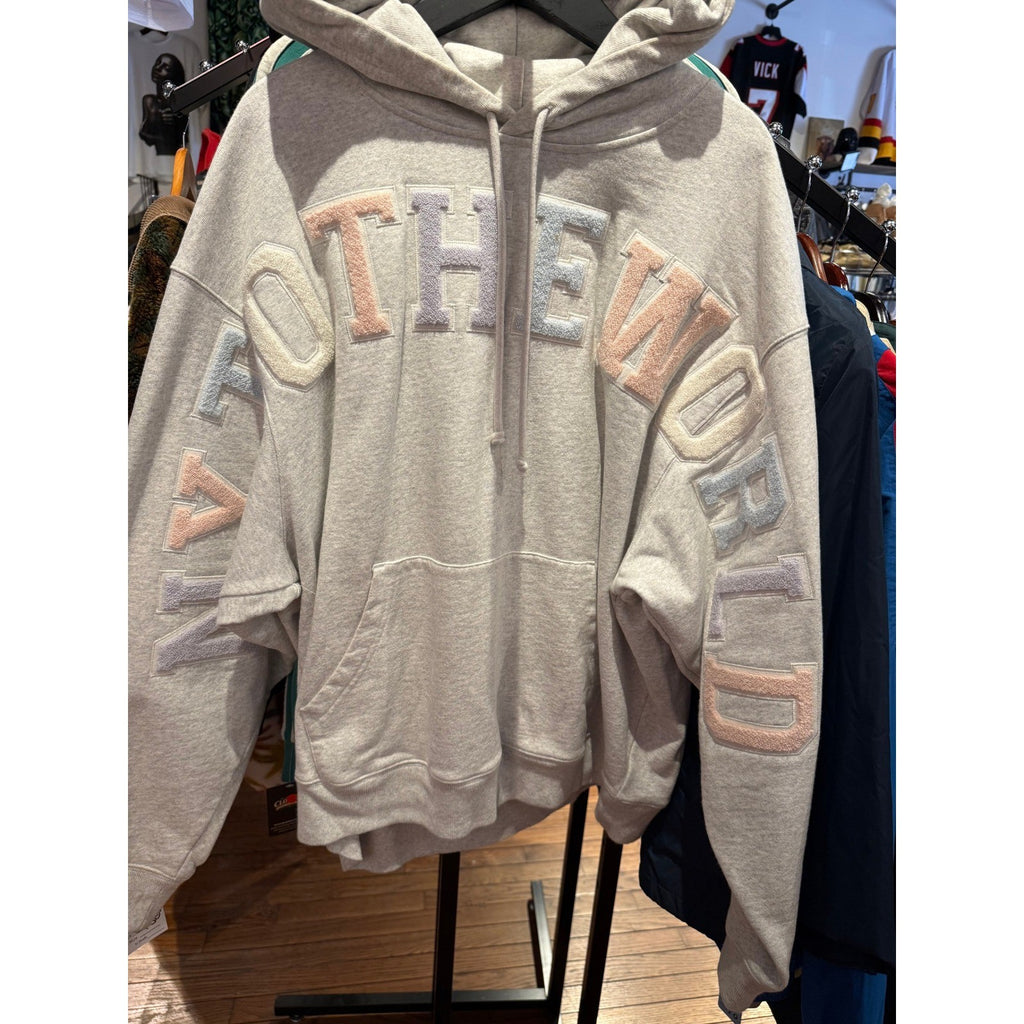 Kith Around The World Chenille Patchwork Hoodie Oatmeal Grey Mens XL Heavyweight