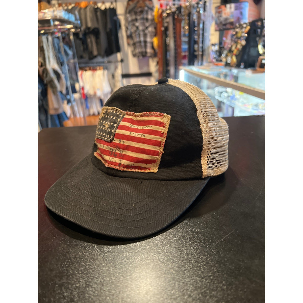 Denim & Supply Ralph Lauren Black Mesh Trucker Hat American Flag Patch Snapback