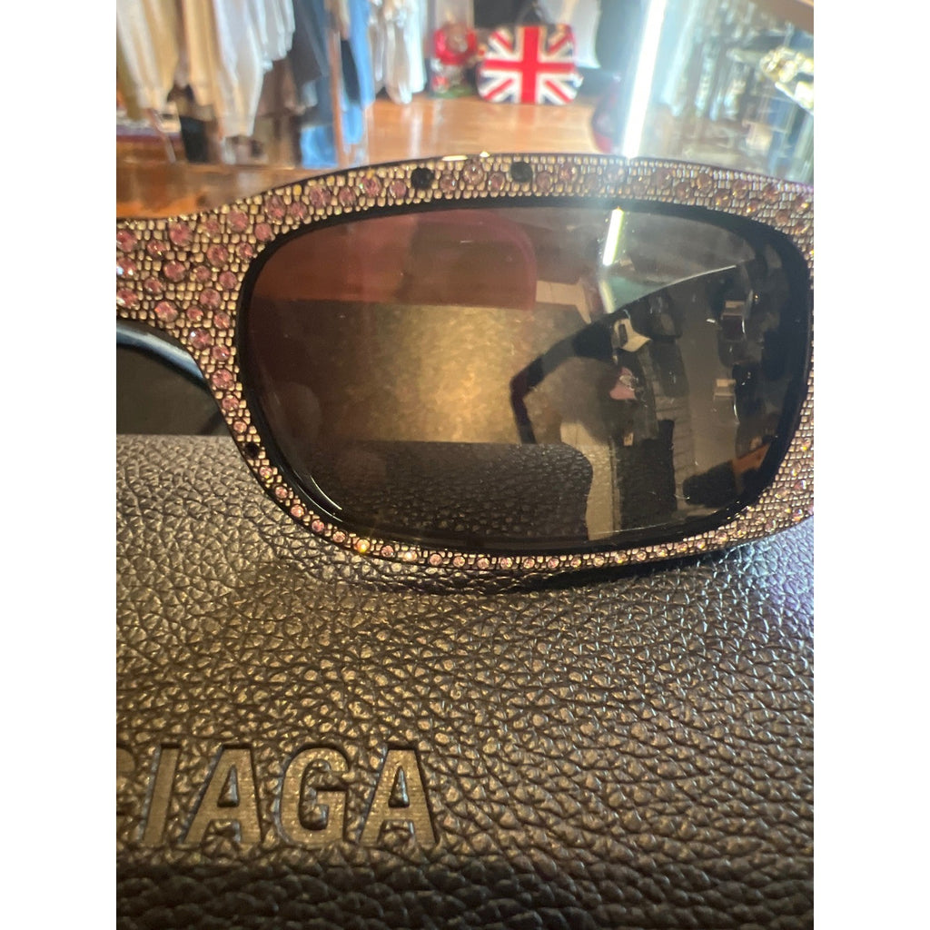 Balenciaga BB0096S Crystal Embellished Rectangular Sunglasses Blk Silver BB Logo