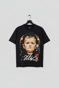 Black t-shirt with a graphic of a baby and text, displayed on a hanger.