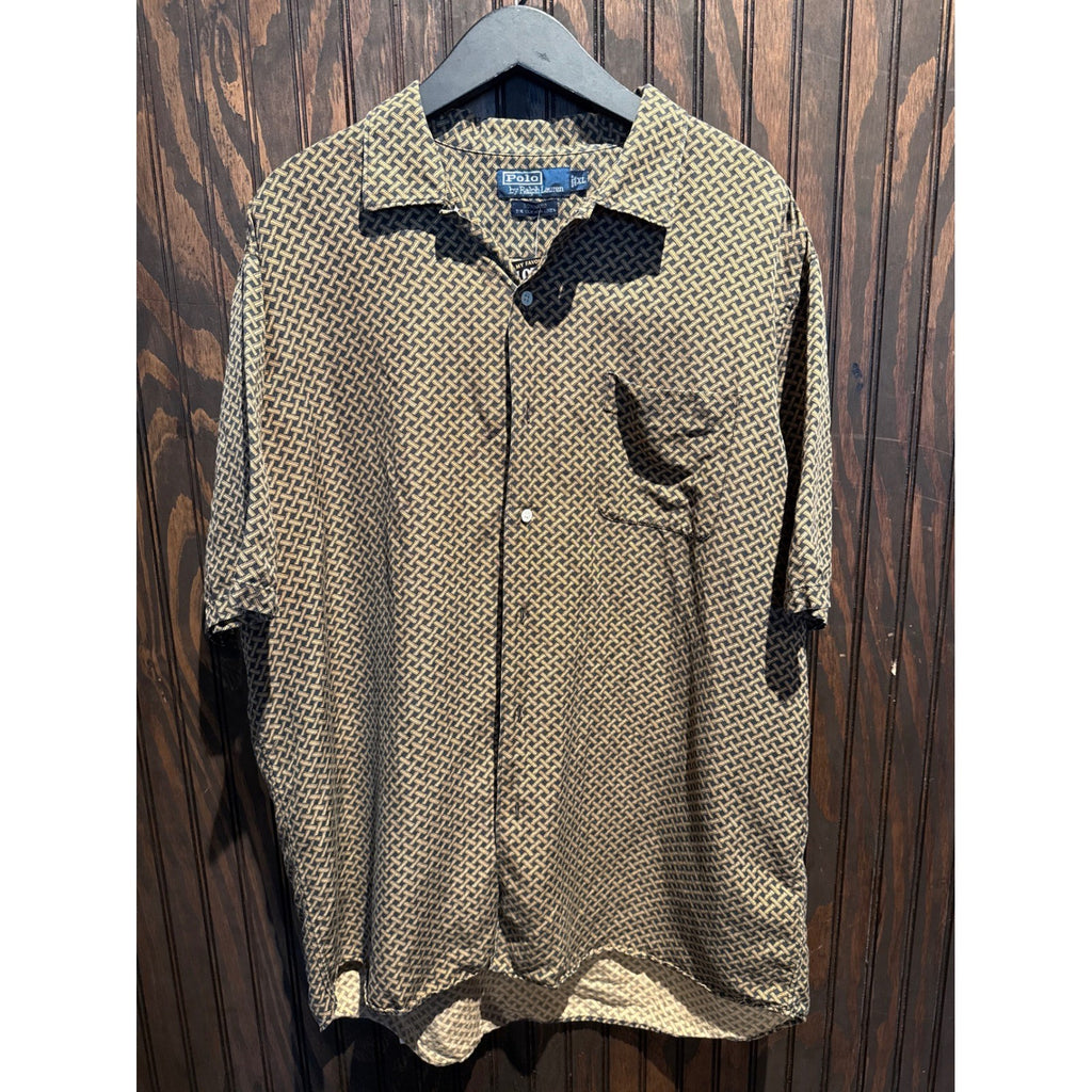 Polo Ralph Lauren Mens Short Sleeve Button Down Shirt Geometric Tan Navy XXL