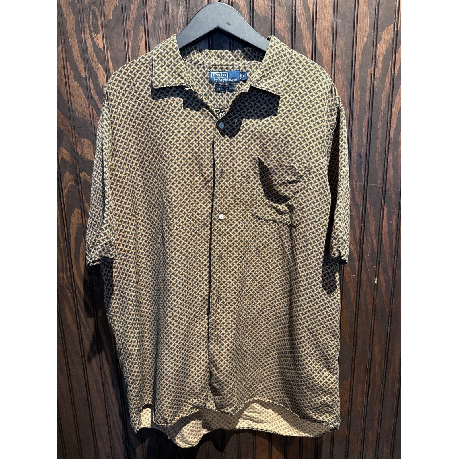 Polo Ralph Lauren Mens Short Sleeve Button Down Shirt Geometric Tan Navy XXL